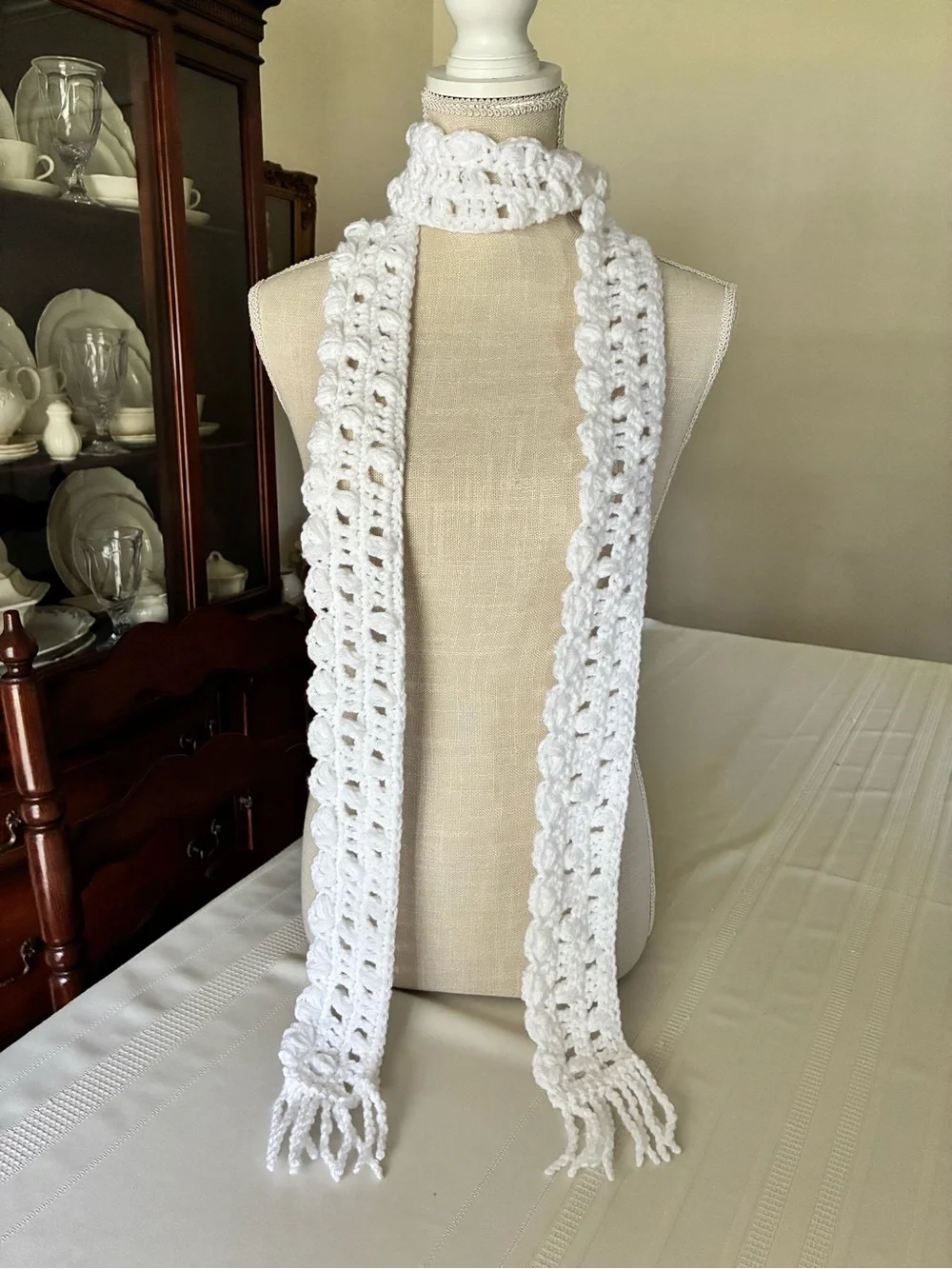 White Handmade Basketweave Eyelet Crochet Fringe Scarf - NEW